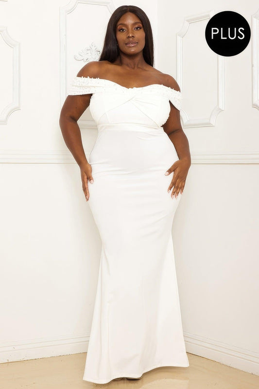 Pearl Bead Off The Shoulder Plus Size Maxi Dress - Leur Beau Monde Boutique