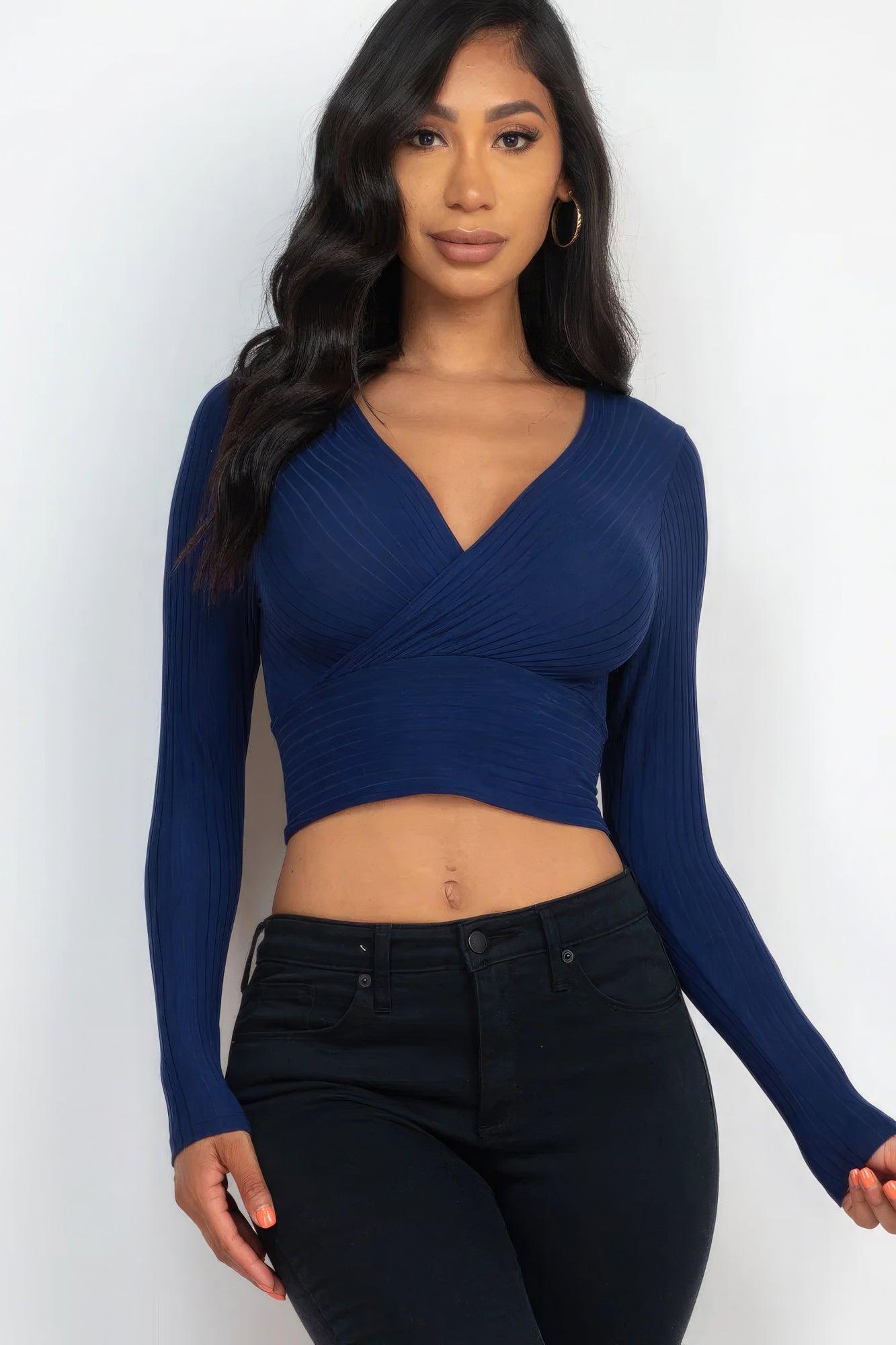 Ribbed Wrap Front Long Sleeve Top - Leur Beau Monde Boutique