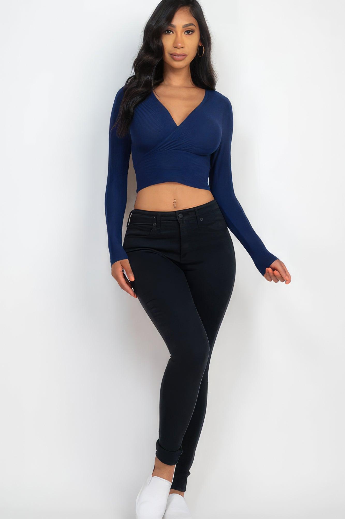 Ribbed Wrap Front Long Sleeve Top - Leur Beau Monde Boutique