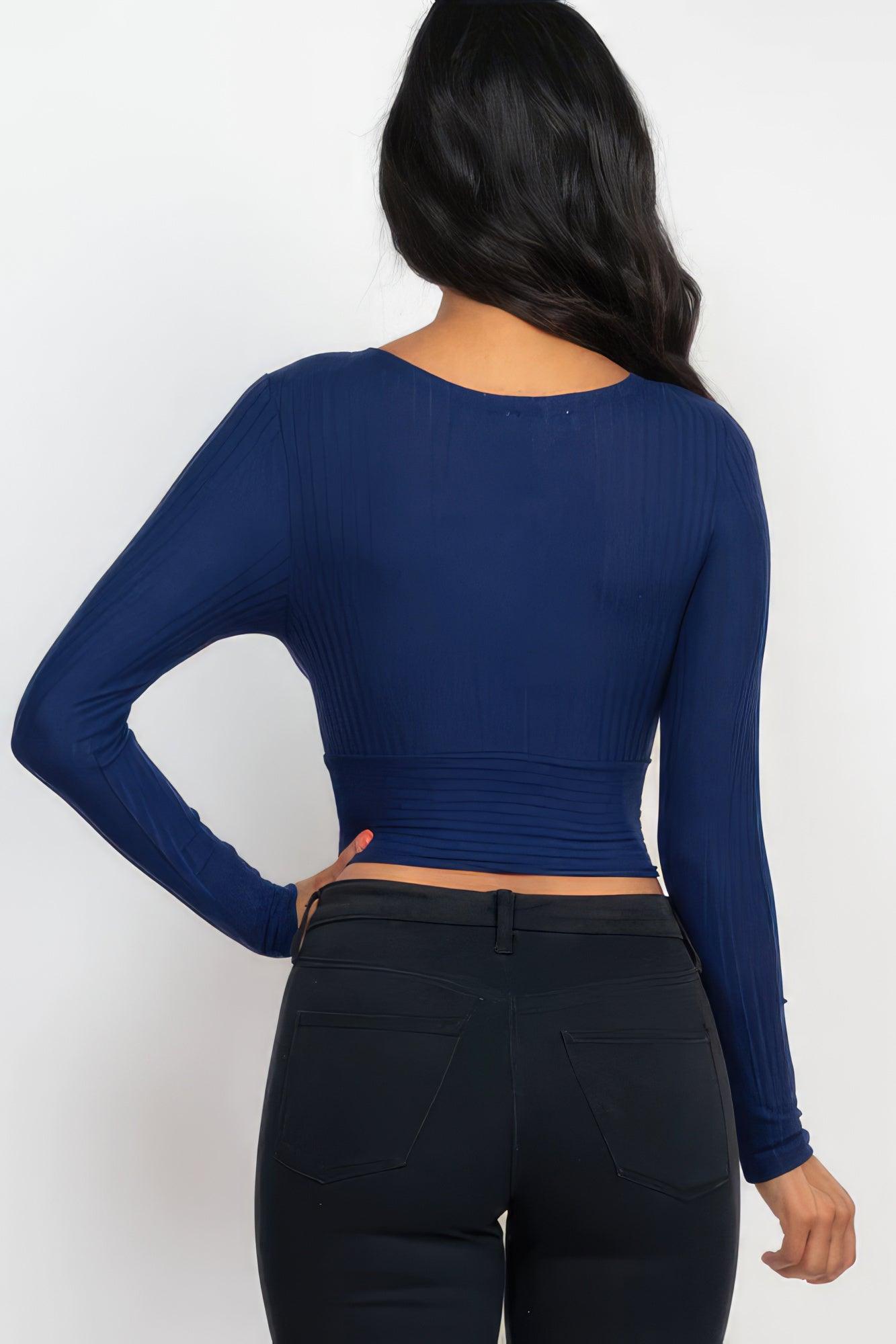 Ribbed Wrap Front Long Sleeve Top - Leur Beau Monde Boutique