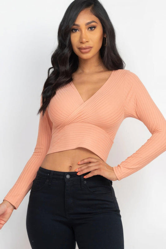 Ribbed Wrap Front Long Sleeve Top - Leur Beau Monde Boutique