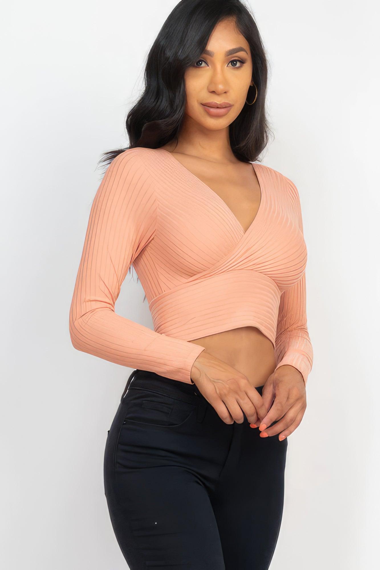 Ribbed Wrap Front Long Sleeve Top - Leur Beau Monde Boutique