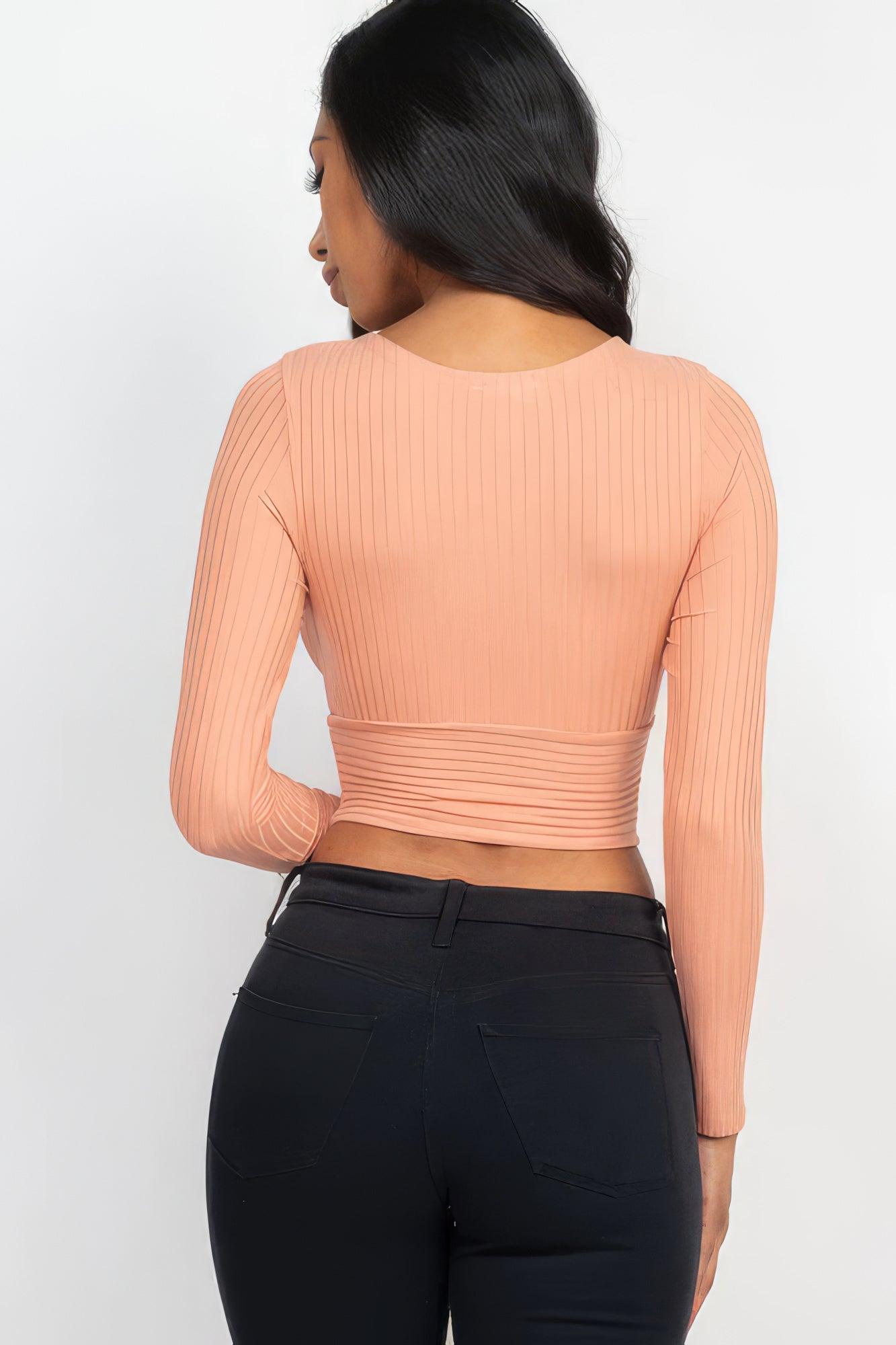 Ribbed Wrap Front Long Sleeve Top - Leur Beau Monde Boutique