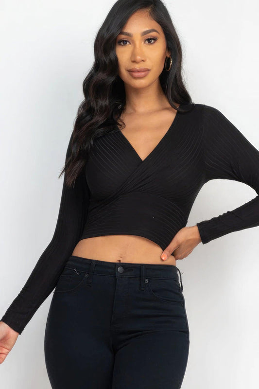 Ribbed Wrap Front Long Sleeve Top - Leur Beau Monde Boutique