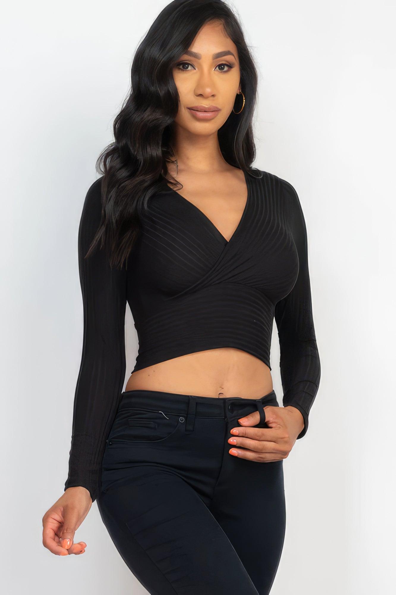 Ribbed Wrap Front Long Sleeve Top - Leur Beau Monde Boutique