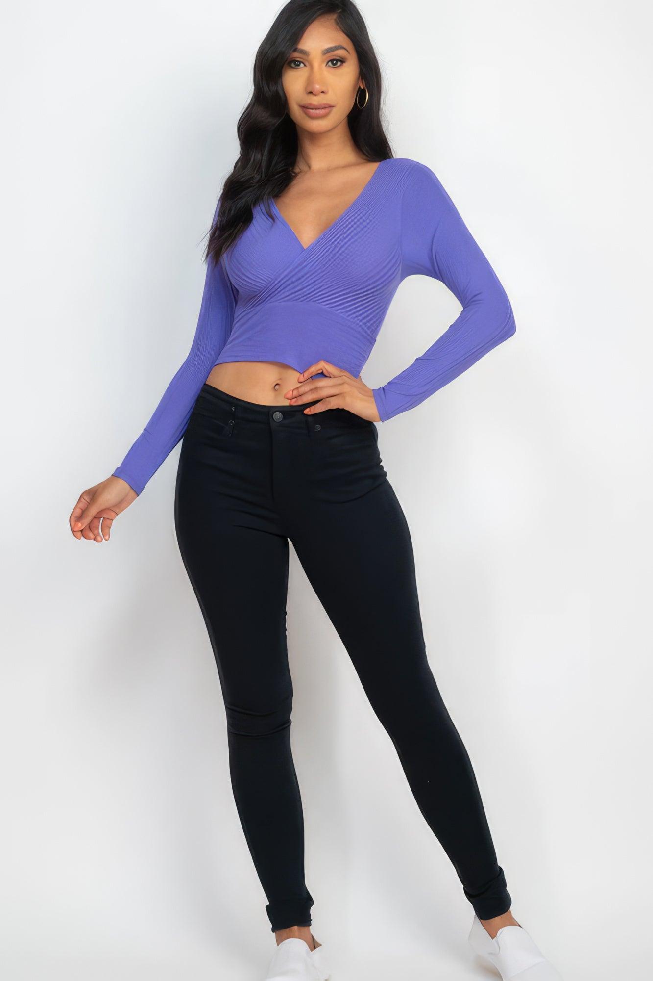 Ribbed Wrap Front Long Sleeve Top - Leur Beau Monde Boutique