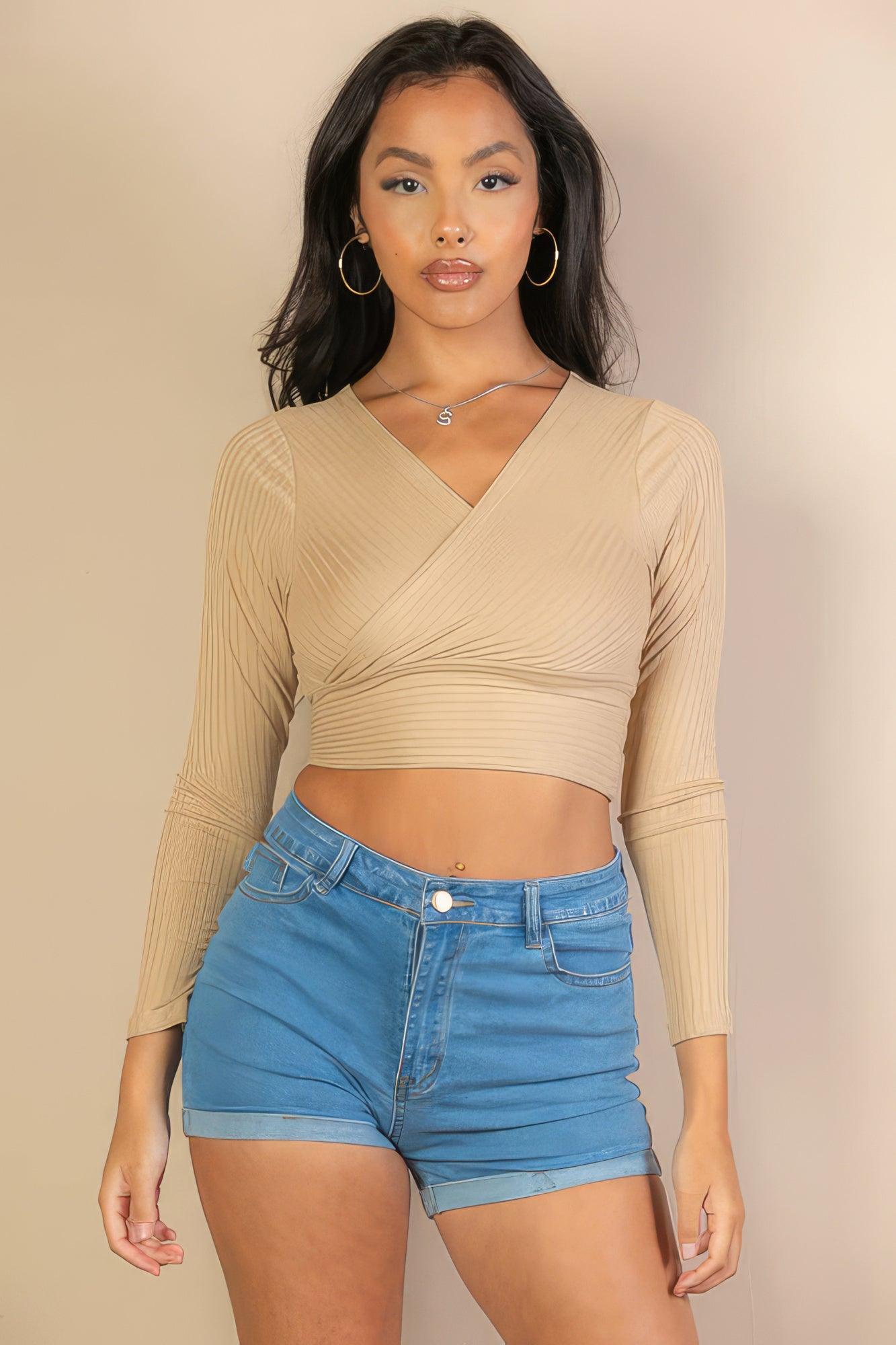 Ribbed Wrap Front Long Sleeve Top - Leur Beau Monde Boutique