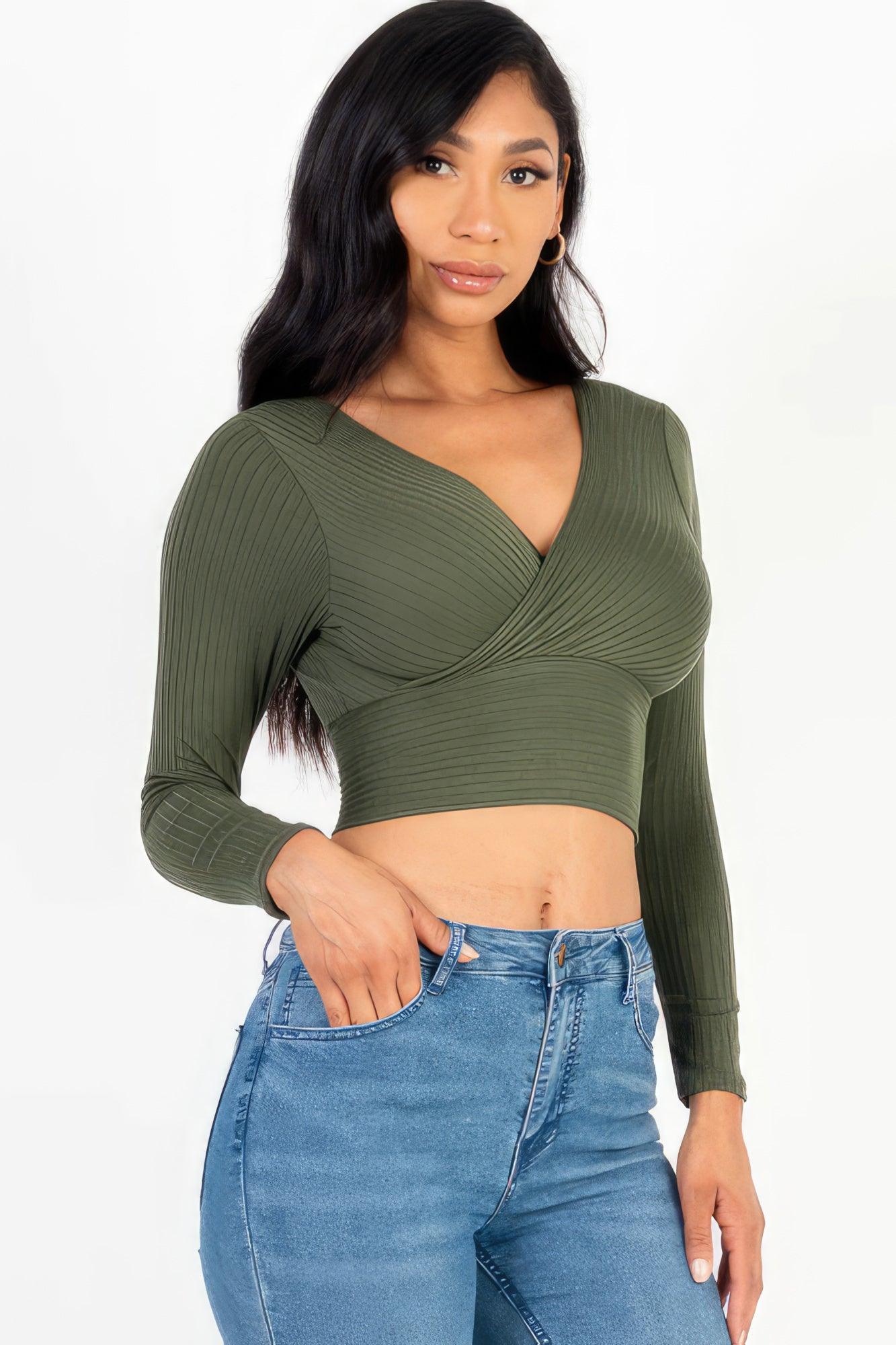 Ribbed Wrap Front Long Sleeve Top - Leur Beau Monde Boutique