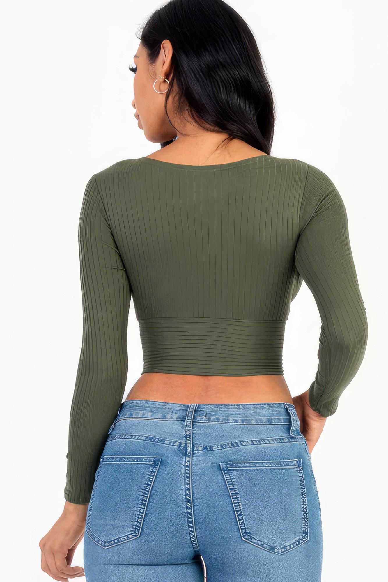 Ribbed Wrap Front Long Sleeve Top - Leur Beau Monde Boutique