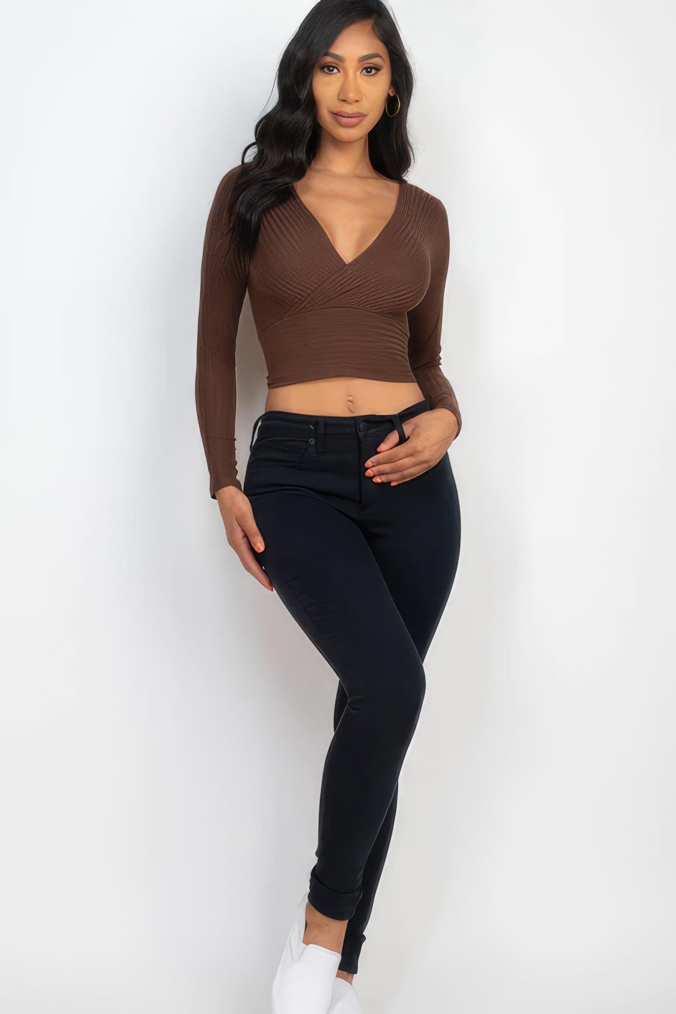 Ribbed Wrap Front Long Sleeve Top - Leur Beau Monde Boutique