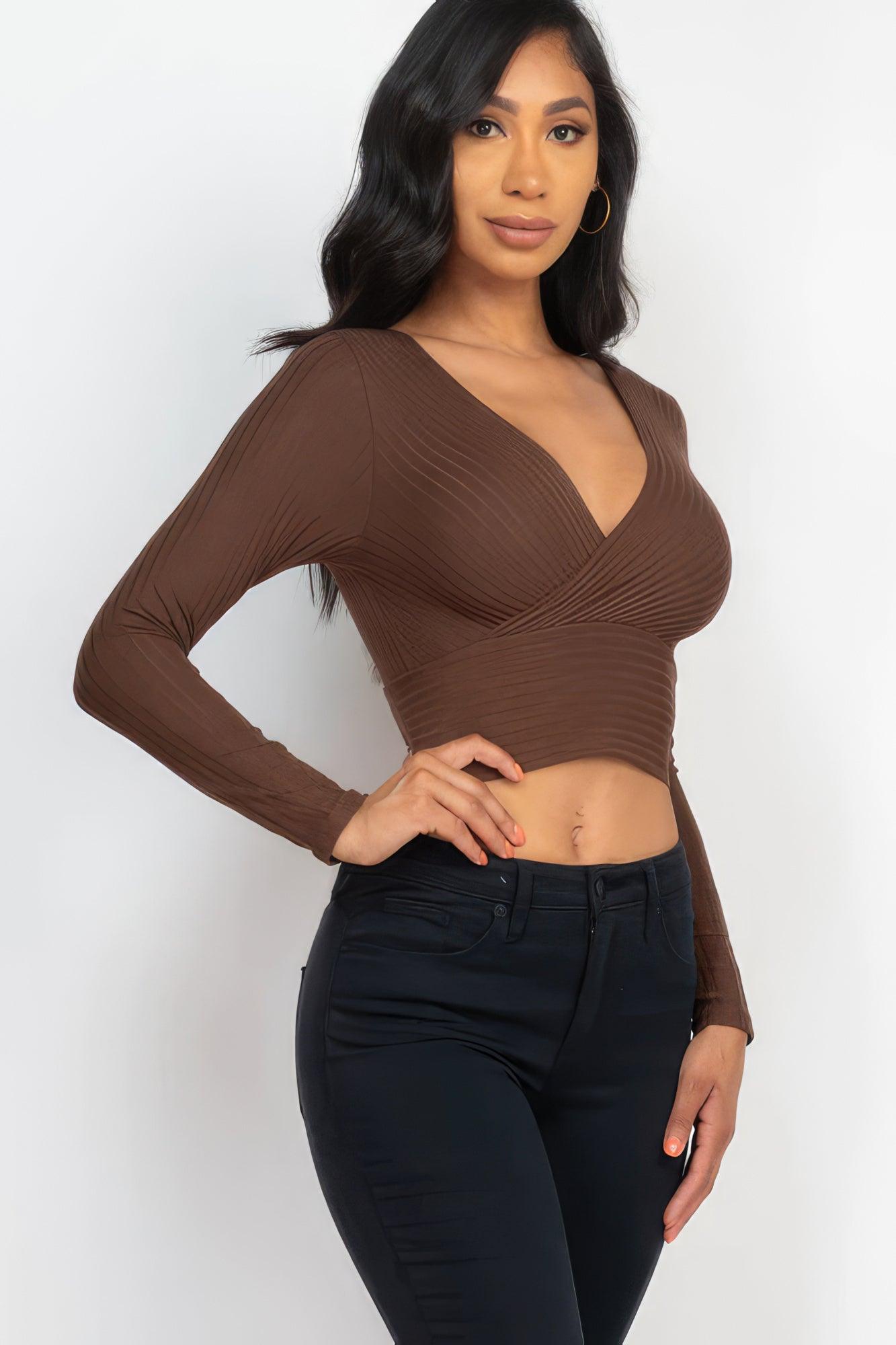 Ribbed Wrap Front Long Sleeve Top - Leur Beau Monde Boutique