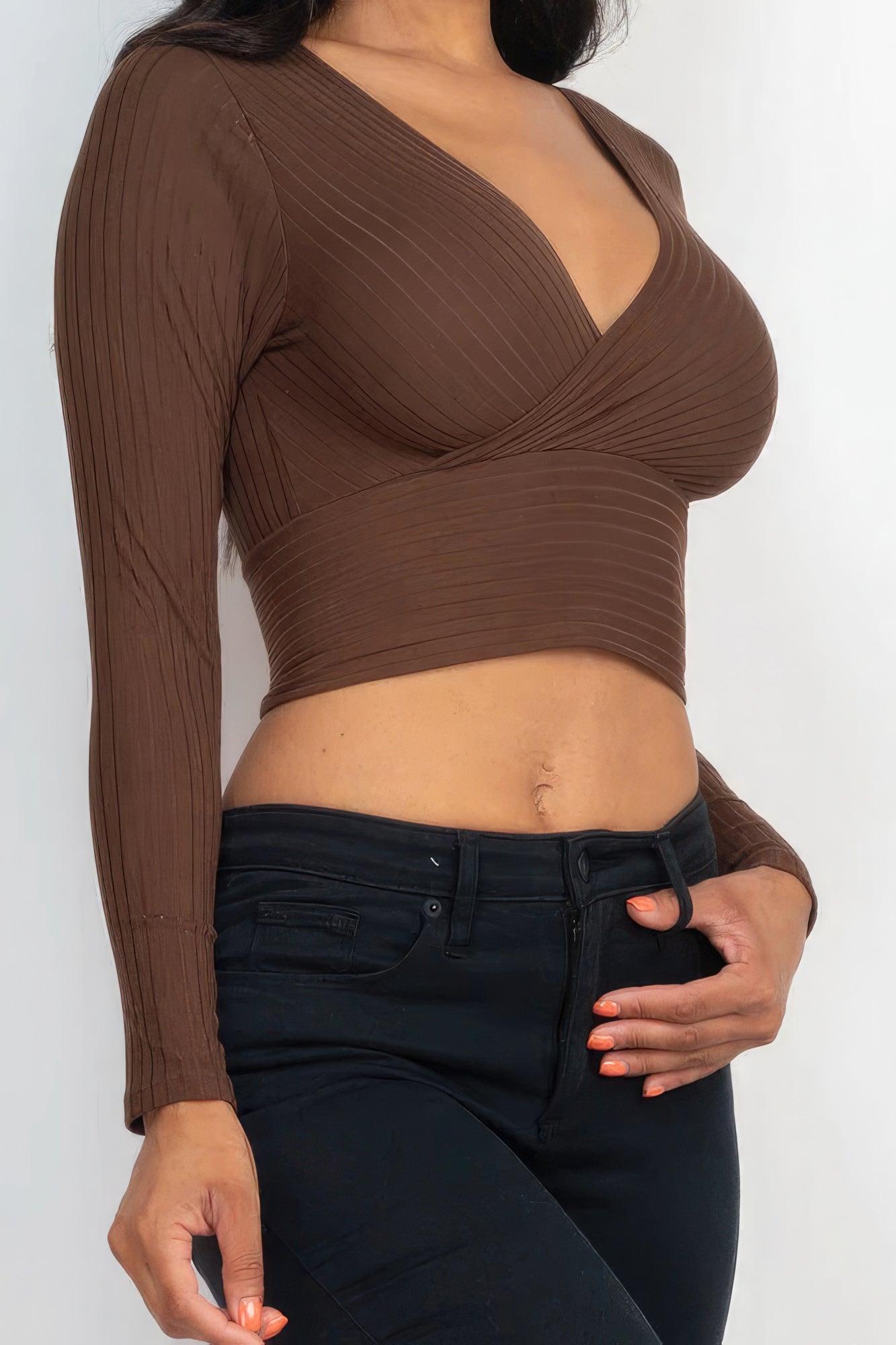 Ribbed Wrap Front Long Sleeve Top - Leur Beau Monde Boutique