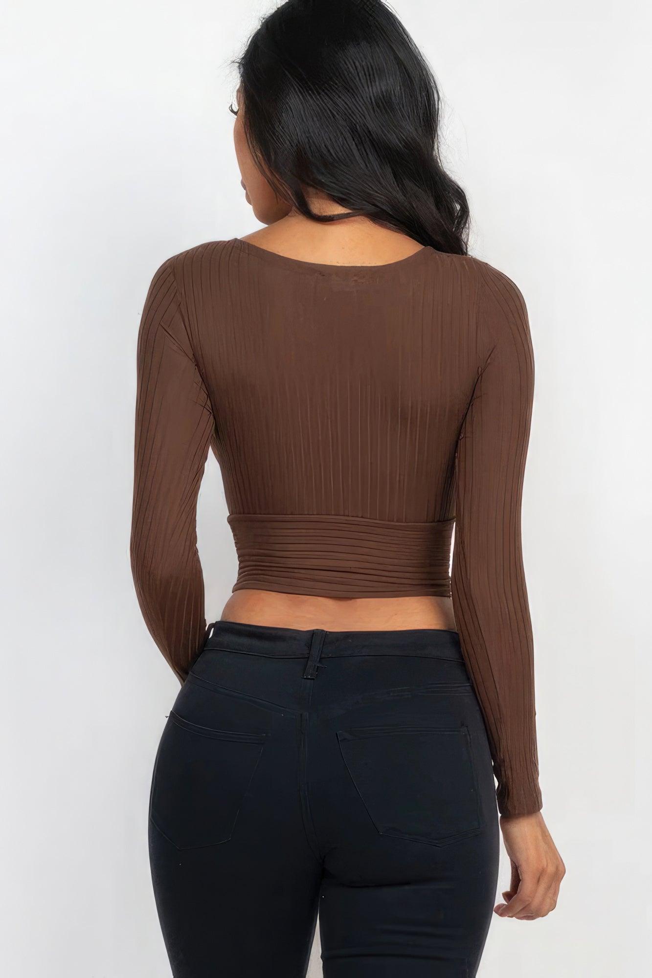 Ribbed Wrap Front Long Sleeve Top - Leur Beau Monde Boutique