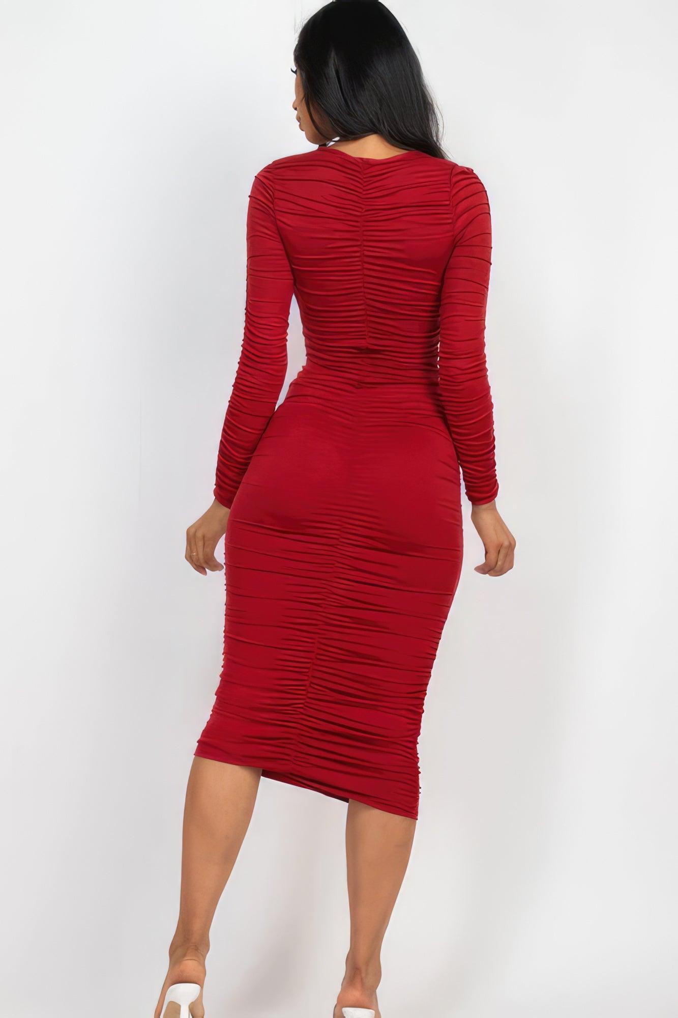 Ruched Long Sleeve Midi Dress - Leur Beau Monde Boutique