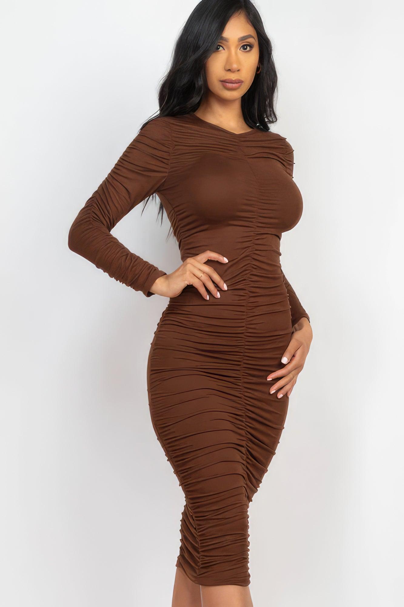 Ruched Long Sleeve Midi Dress - Leur Beau Monde Boutique