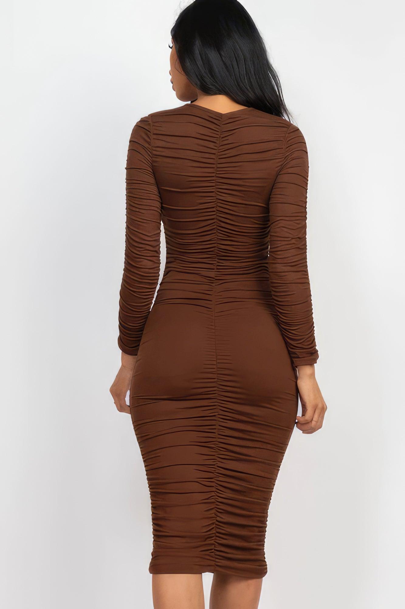 Ruched Long Sleeve Midi Dress - Leur Beau Monde Boutique