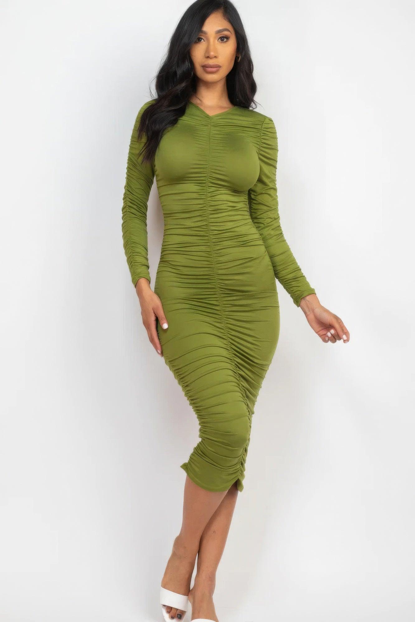 Ruched Long Sleeve Midi Dress - Leur Beau Monde Boutique