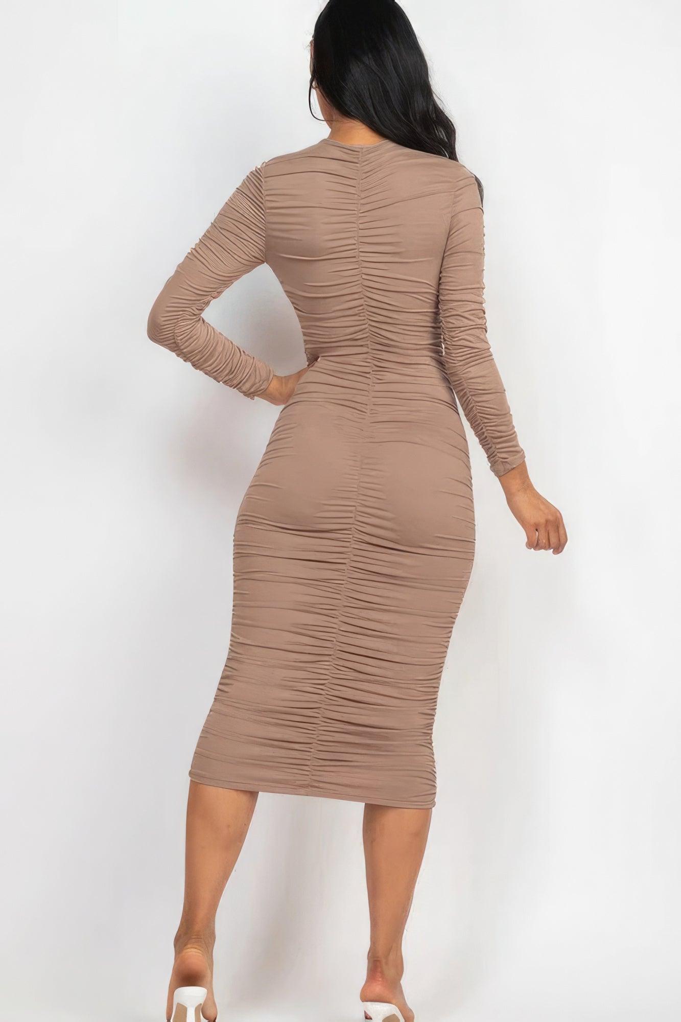 Ruched Long Sleeve Midi Dress - Leur Beau Monde Boutique