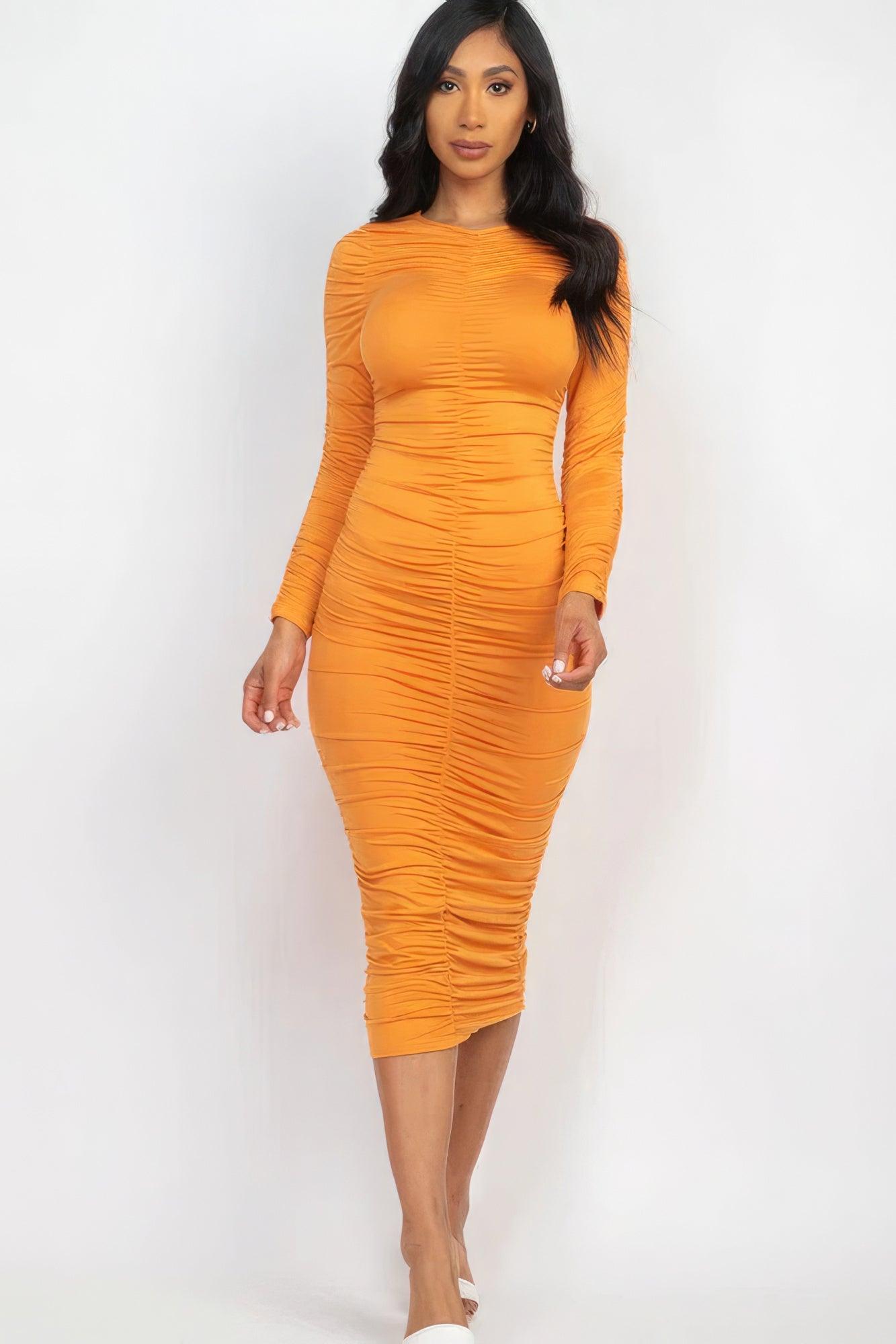 Ruched Long Sleeve Midi Dress - Leur Beau Monde Boutique