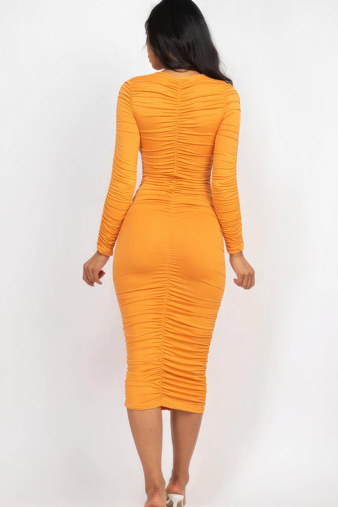 Ruched Long Sleeve Midi Dress - Leur Beau Monde Boutique