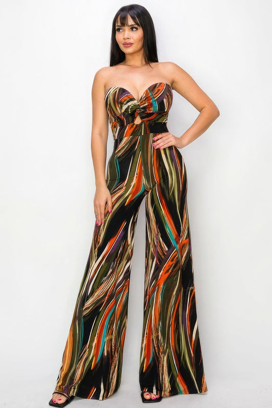 Allover Print Twist Front Wide Leg Jumpsuit - Leur Beau Monde Boutique