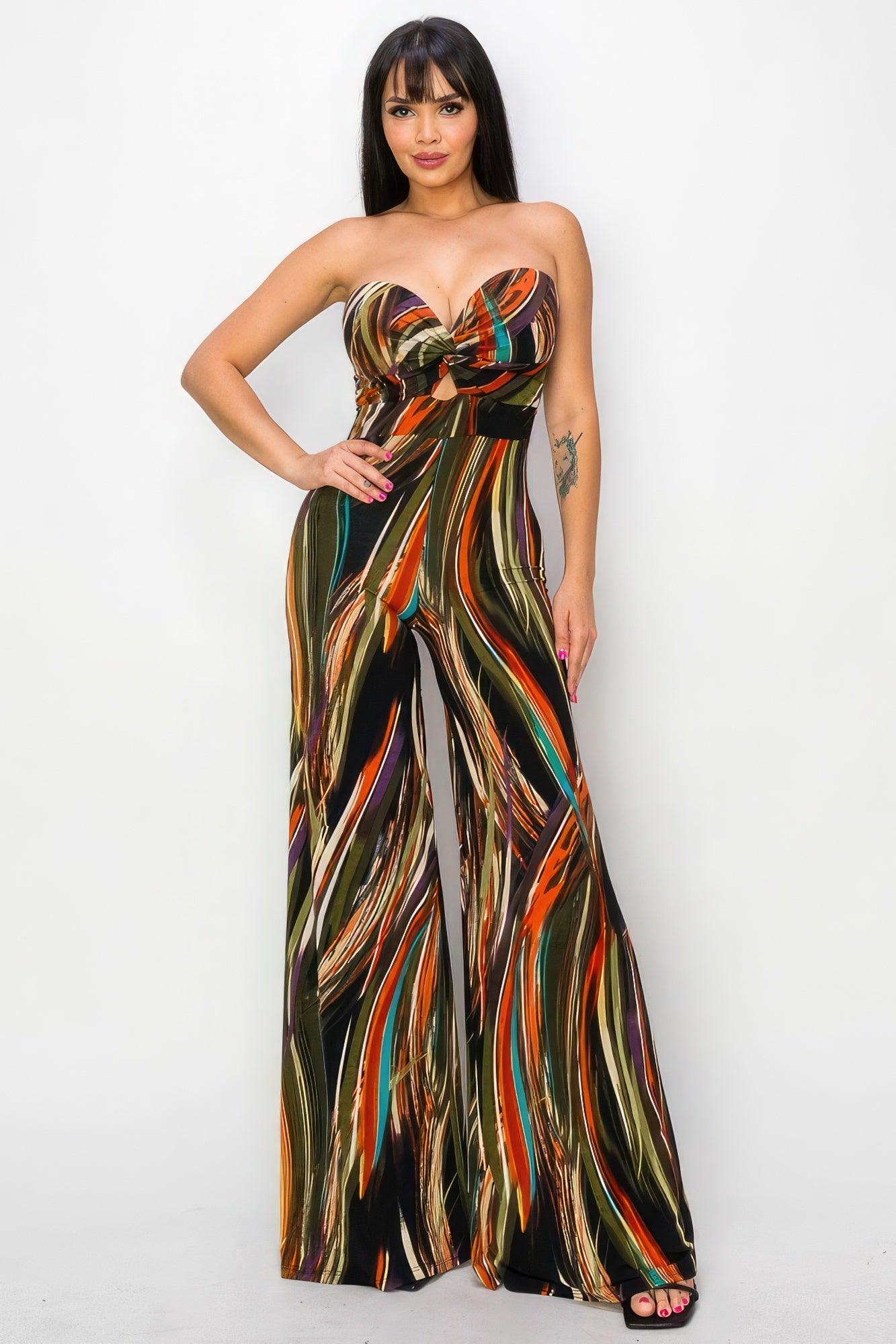 Allover Print Twist Front Wide Leg Jumpsuit - Leur Beau Monde Boutique