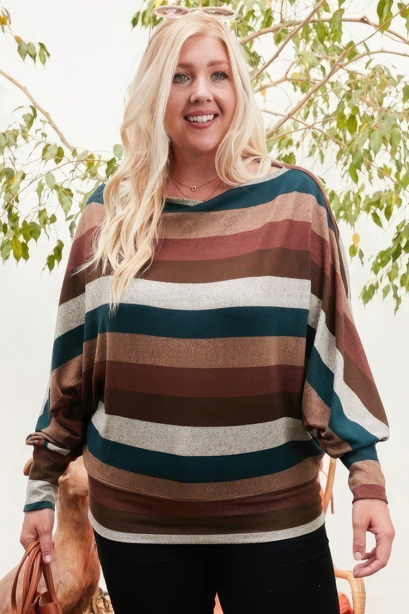 Boat Neck Long Bubble Sleeve Multi Stripe Print Knit Top - Leur Beau Monde Boutique