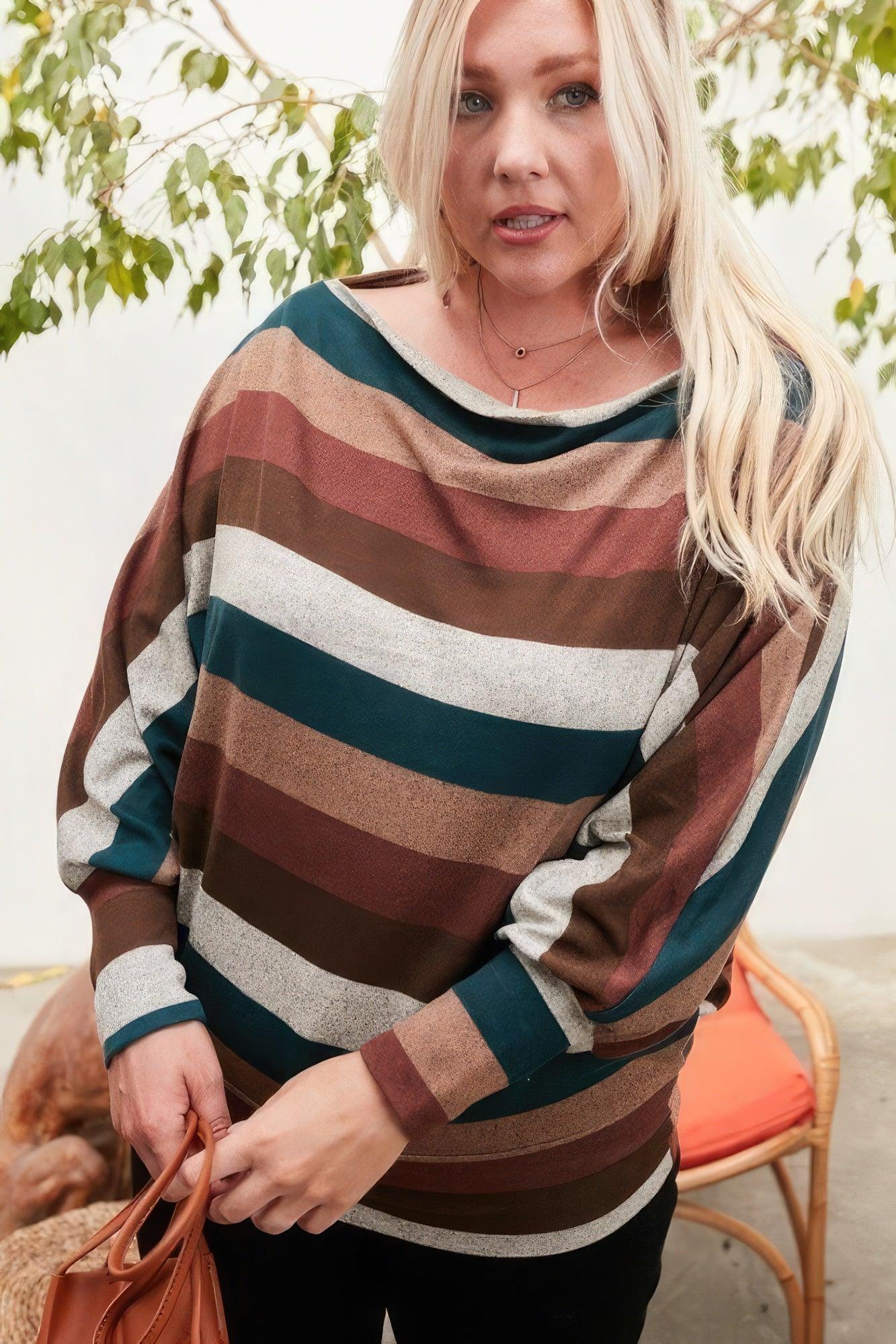 Boat Neck Long Bubble Sleeve Multi Stripe Print Knit Top - Leur Beau Monde Boutique