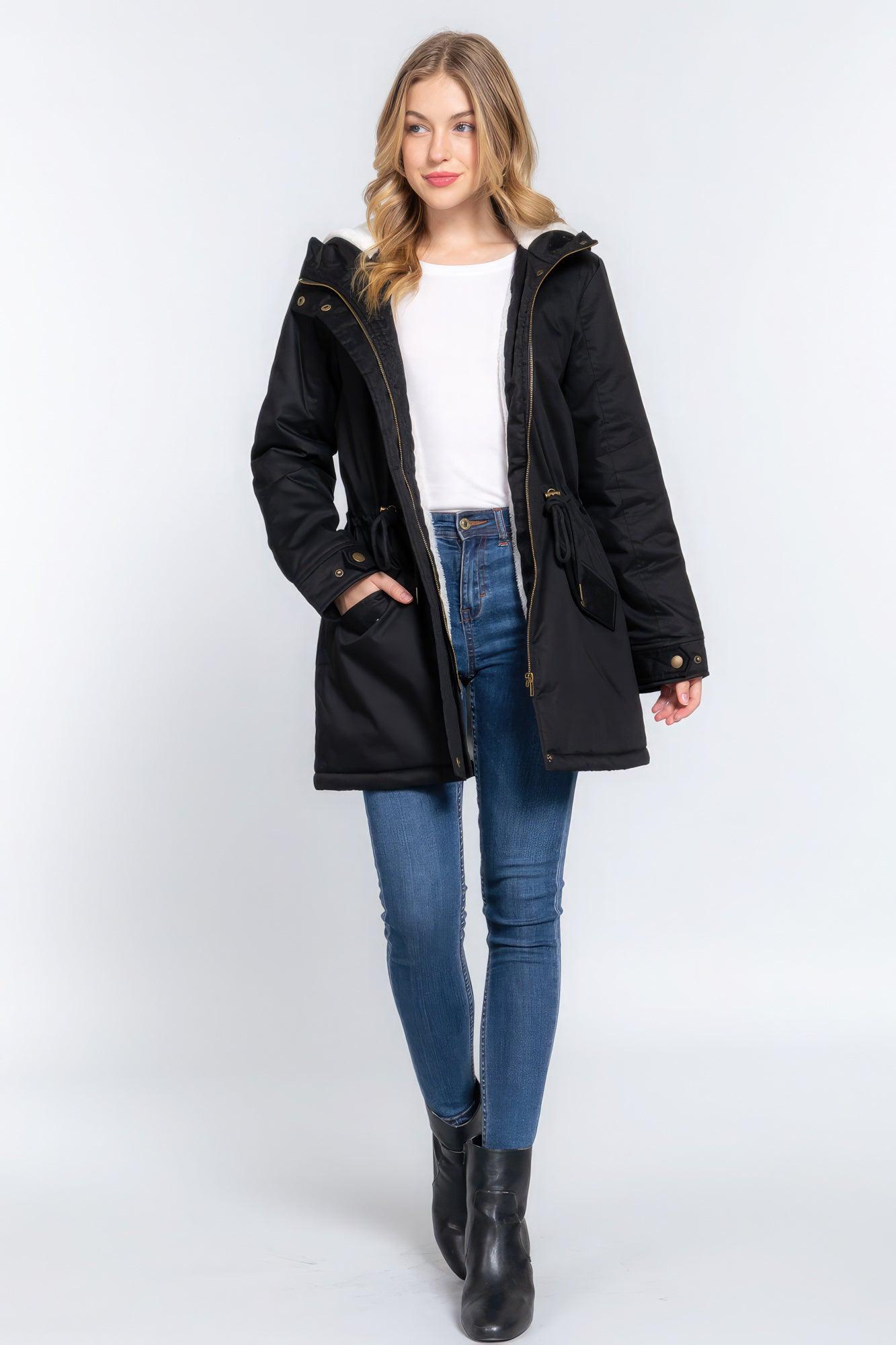 Fleece Lined Fur Hoodie Utility Jacket - Leur Beau Monde Boutique