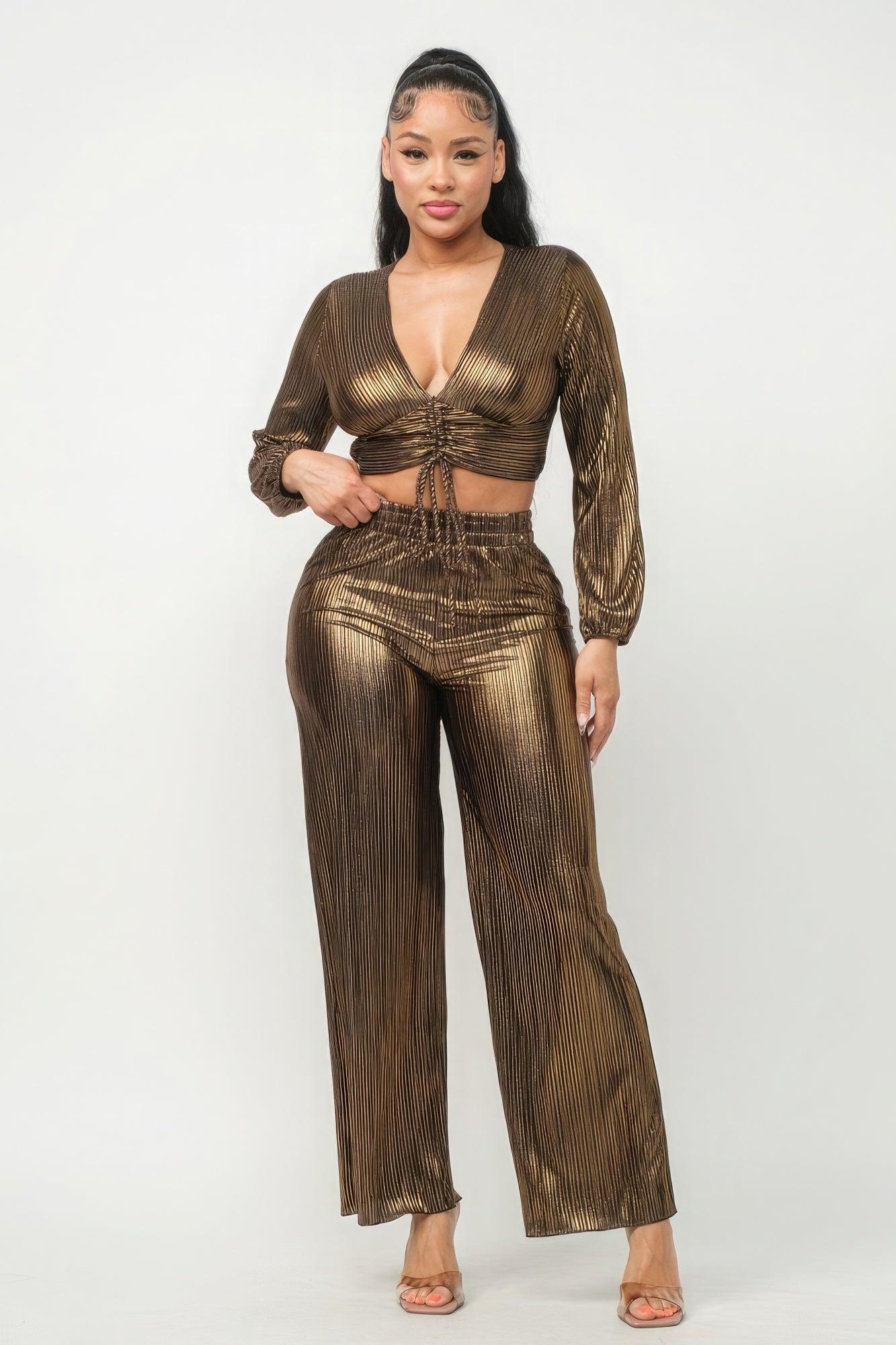 Foil Plisse Tunnel Shirring Top And Pants Set - Leur Beau Monde Boutique