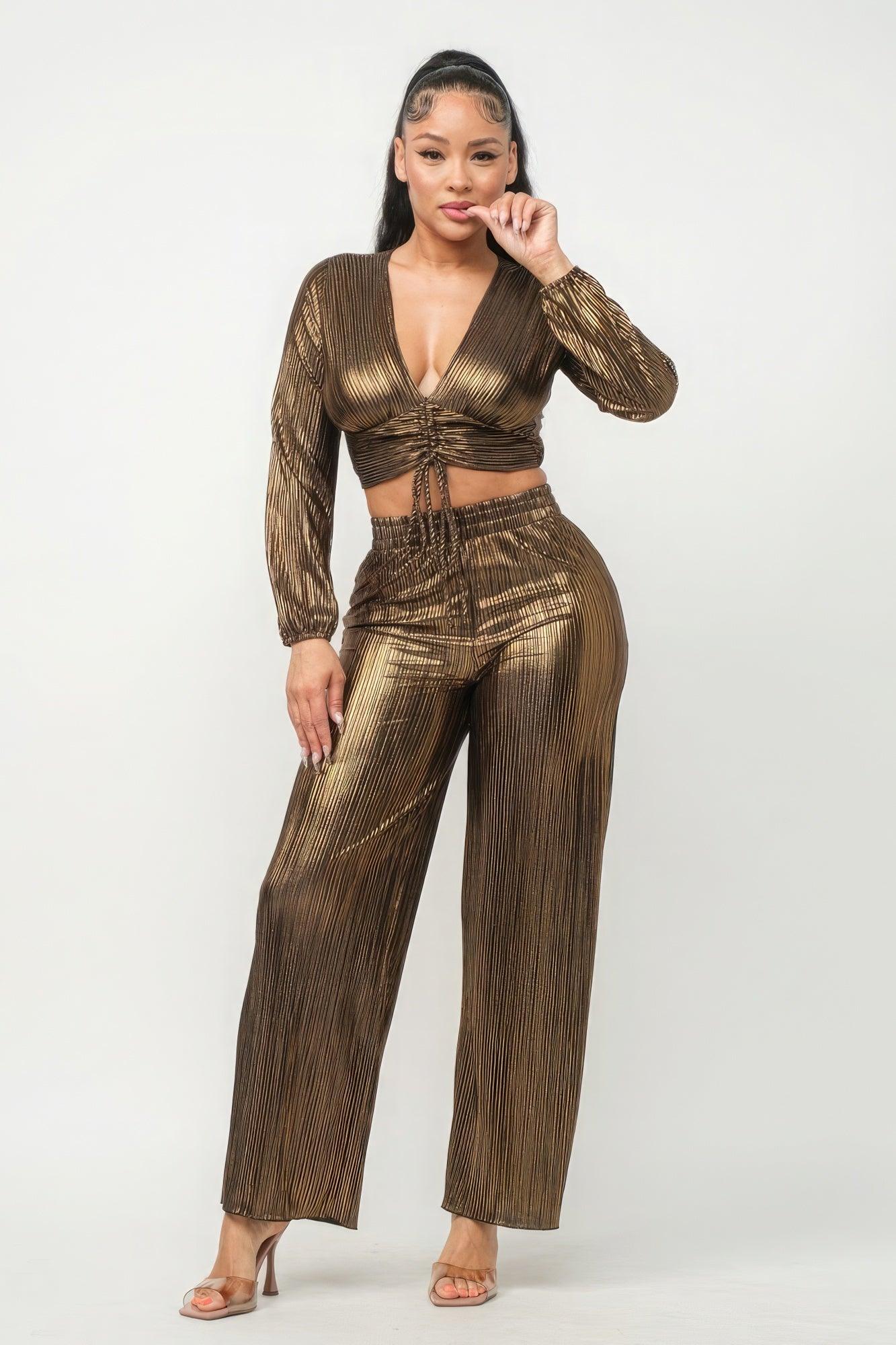 Foil Plisse Tunnel Shirring Top And Pants Set - Leur Beau Monde Boutique