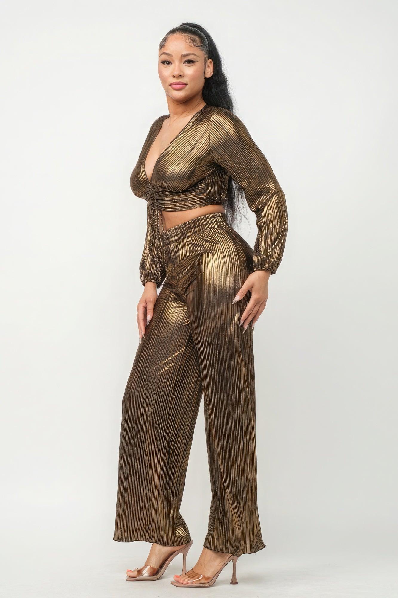 Foil Plisse Tunnel Shirring Top And Pants Set - Leur Beau Monde Boutique