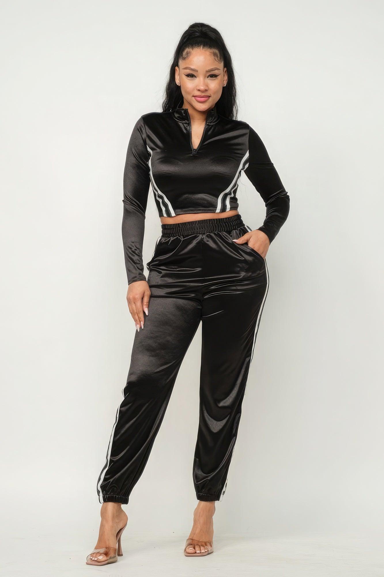 Front Zip Up Stripes Detail Jacket And Pants Set - Leur Beau Monde Boutique