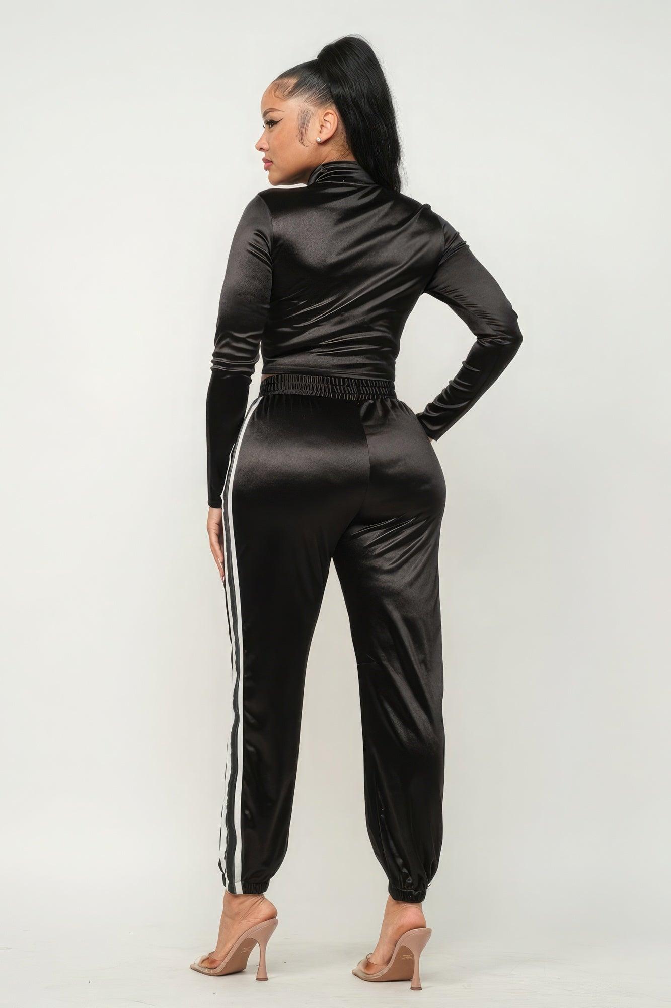 Front Zip Up Stripes Detail Jacket And Pants Set - Leur Beau Monde Boutique