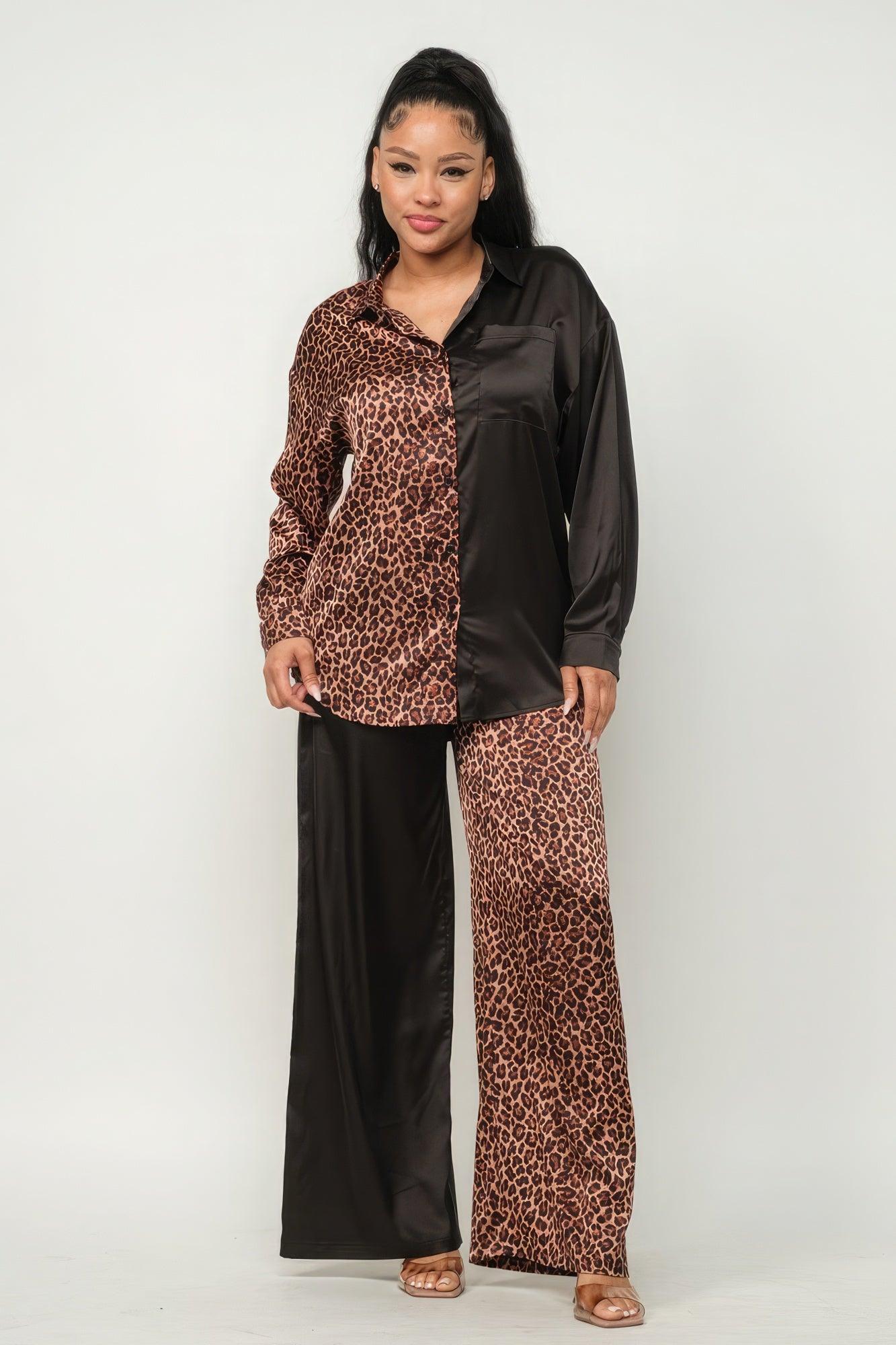 Half Animal Print And Half Solid Top And Pants Set - Leur Beau Monde Boutique