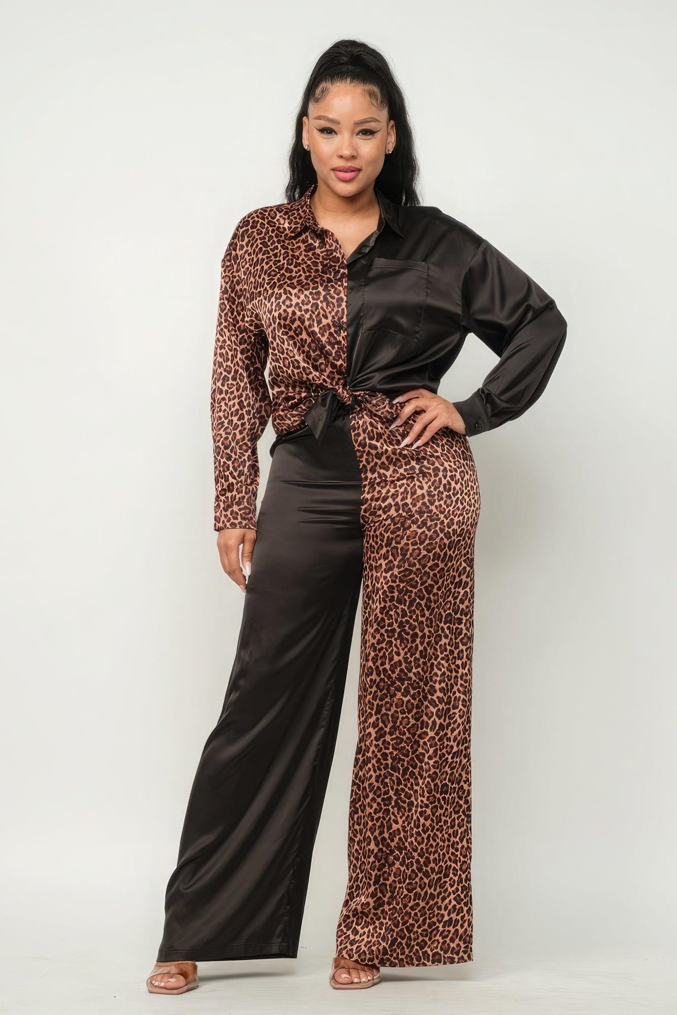 Half Animal Print And Half Solid Top And Pants Set - Leur Beau Monde Boutique