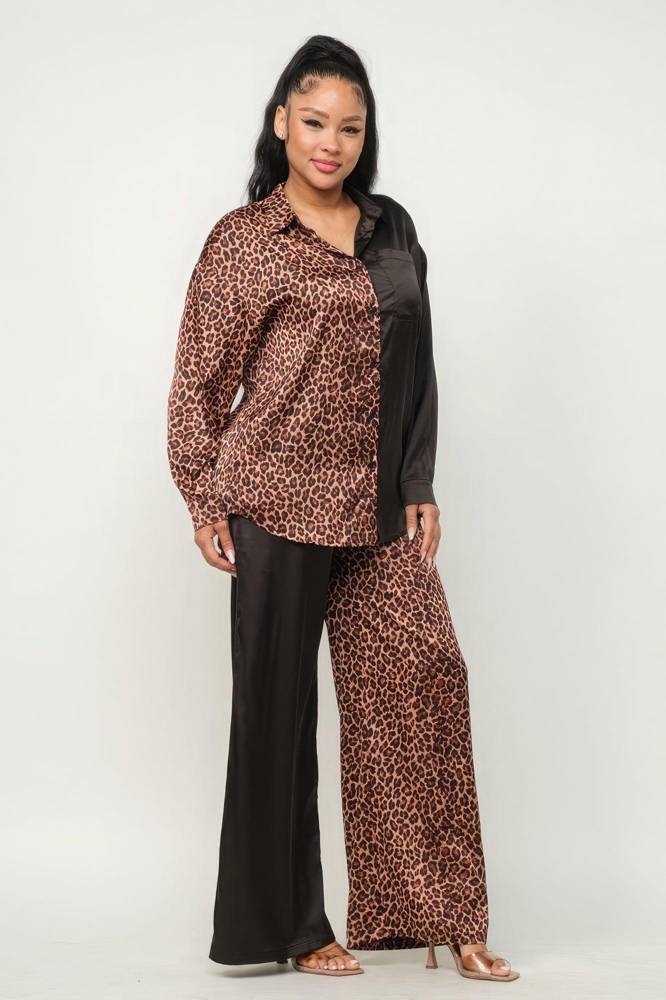 Half Animal Print And Half Solid Top And Pants Set - Leur Beau Monde Boutique