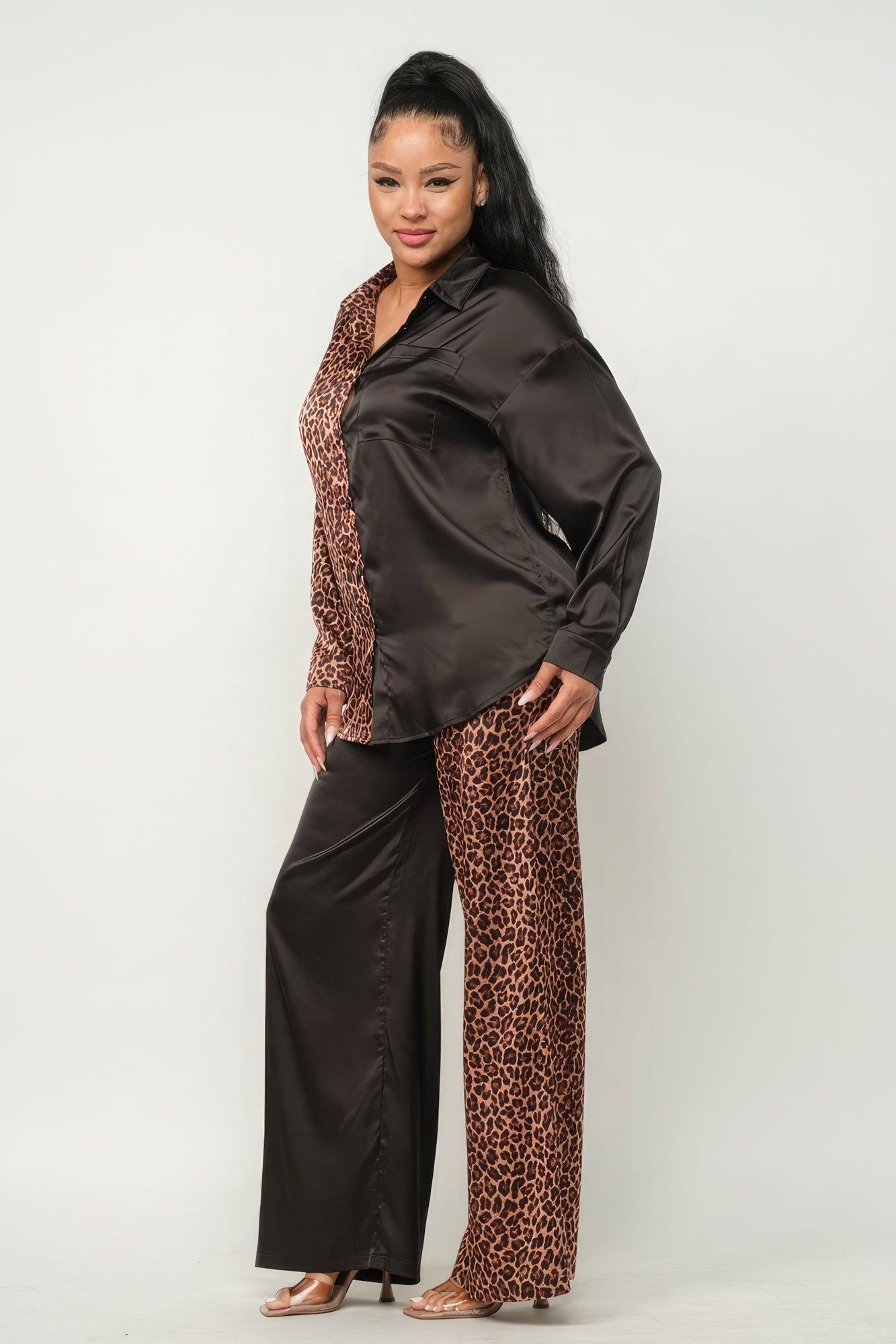 Half Animal Print And Half Solid Top And Pants Set - Leur Beau Monde Boutique