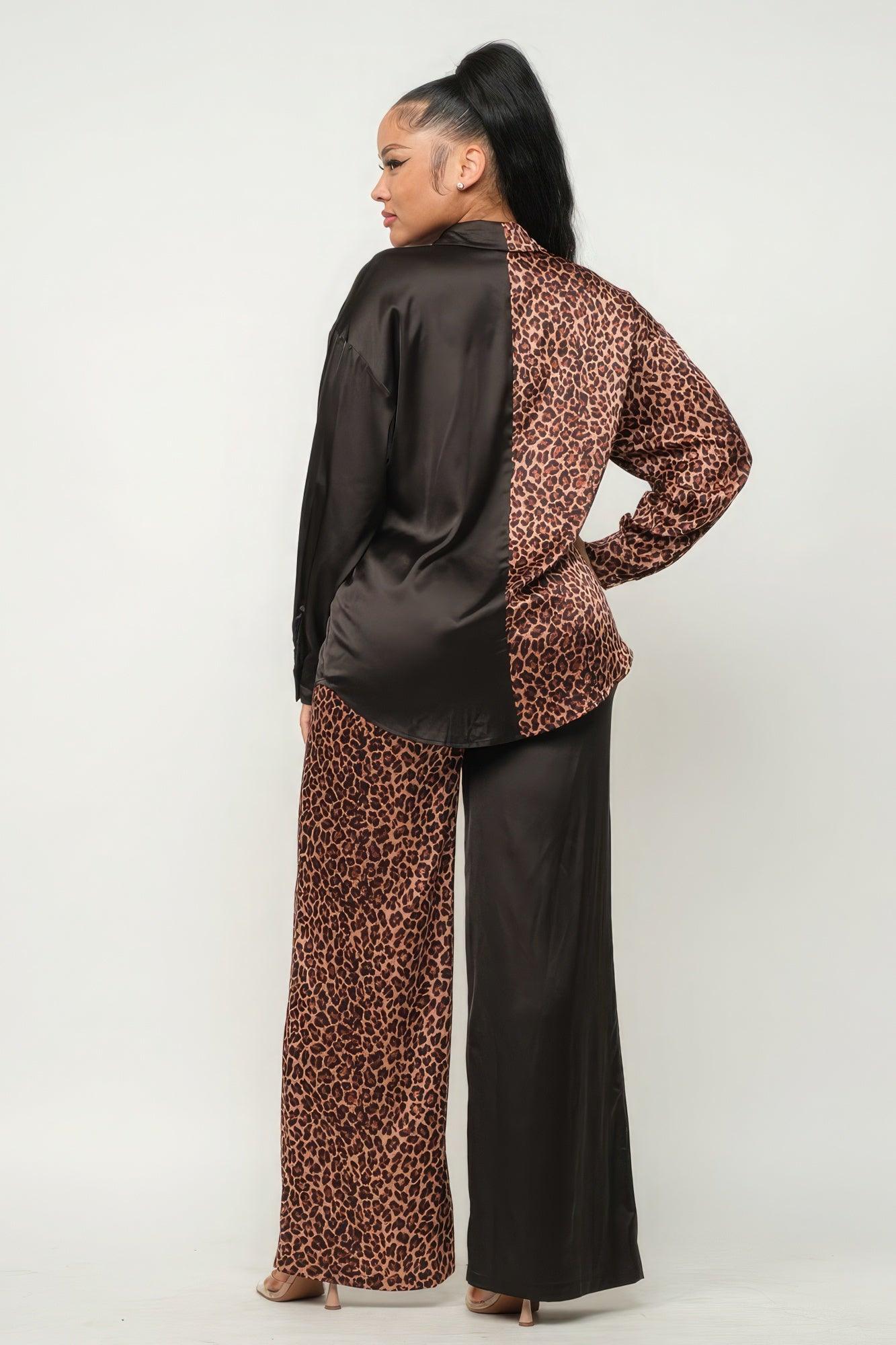 Half Animal Print And Half Solid Top And Pants Set - Leur Beau Monde Boutique