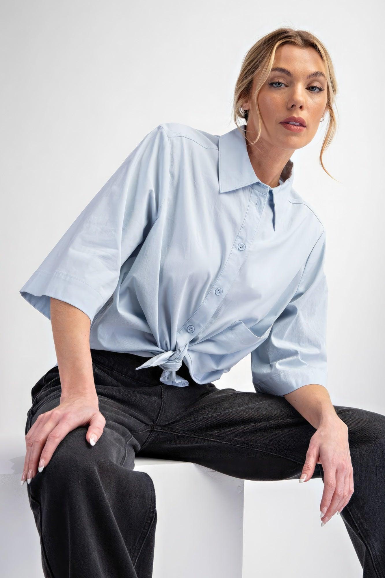 Half Slvs Stretch Poplin Button Down Shirt - Leur Beau Monde Boutique