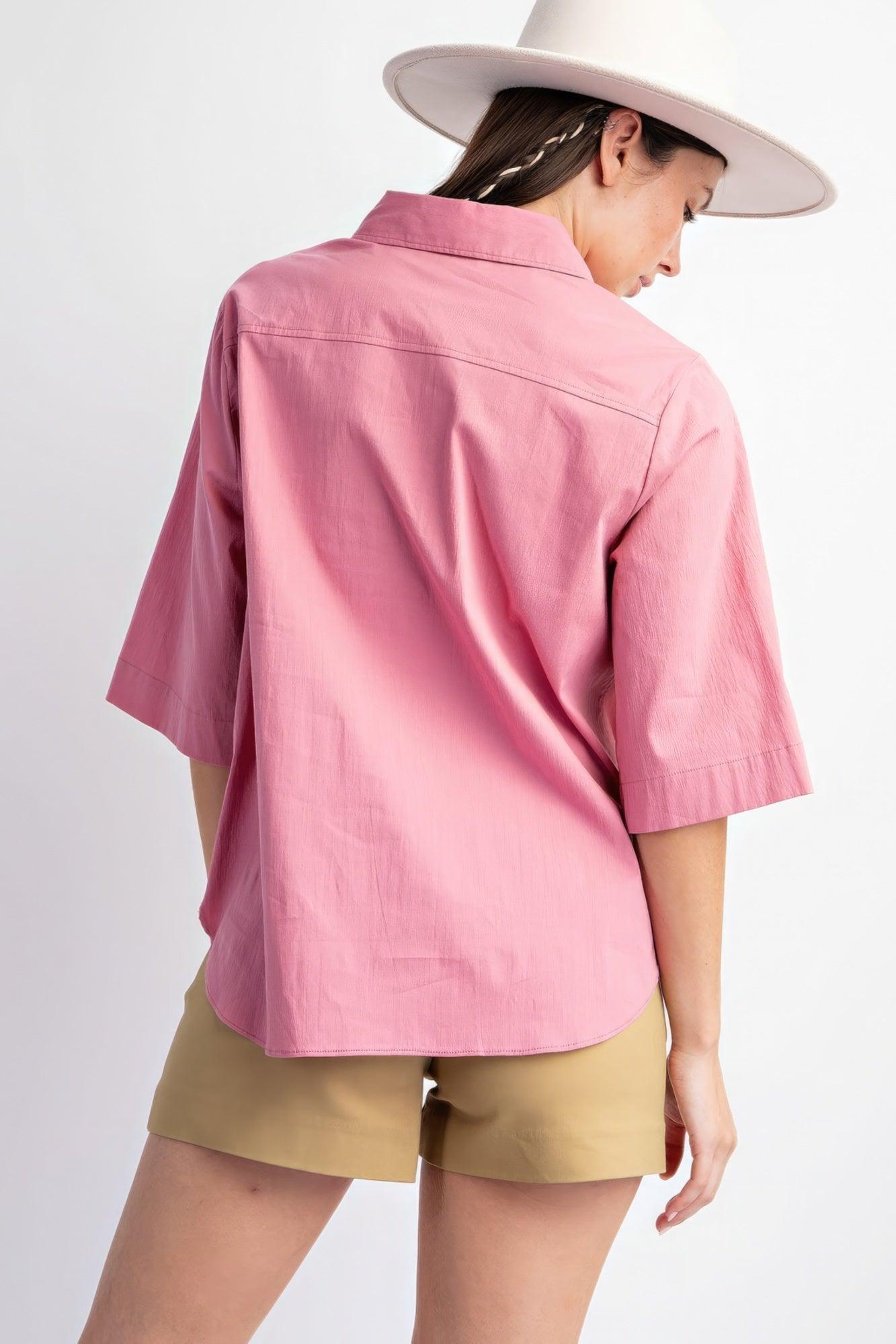 Half Slvs Stretch Poplin Button Down Shirt - Leur Beau Monde Boutique