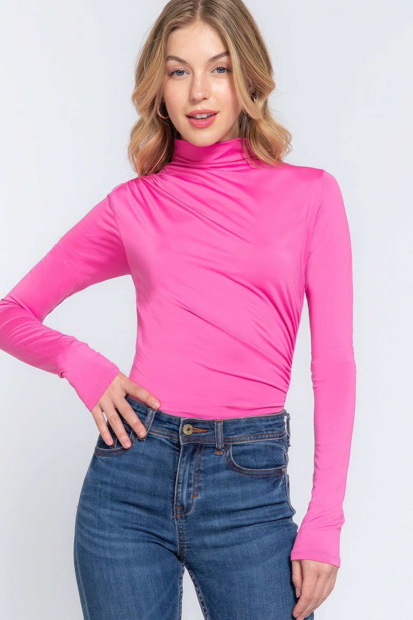 Long Sleeve High Neck Shirring Detail Ity Knit Bodysuit - Leur Beau Monde Boutique