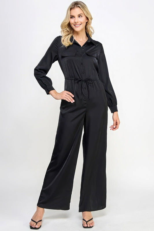 Long Sleeve Jumpsuit With Waist Drawstring - Leur Beau Monde Boutique