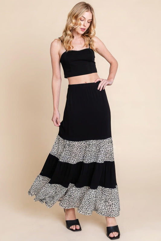 Long Tiered Contrast Fashion Skirt With Velvet Animal Print Mesh - Leur Beau Monde Boutique