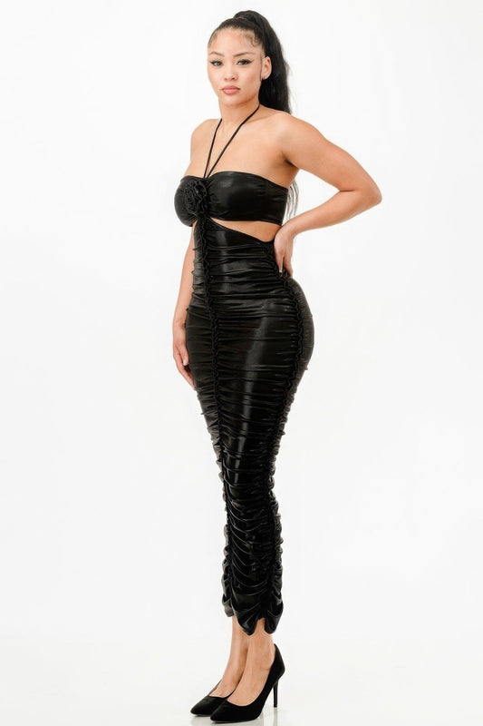 Metallic Rushed Halter Dress - Leur Beau Monde Boutique