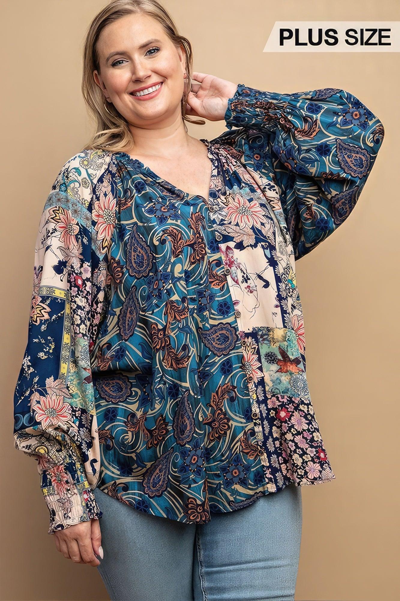 Mixed Print Front Button Long Sleeve Top - Leur Beau Monde Boutique