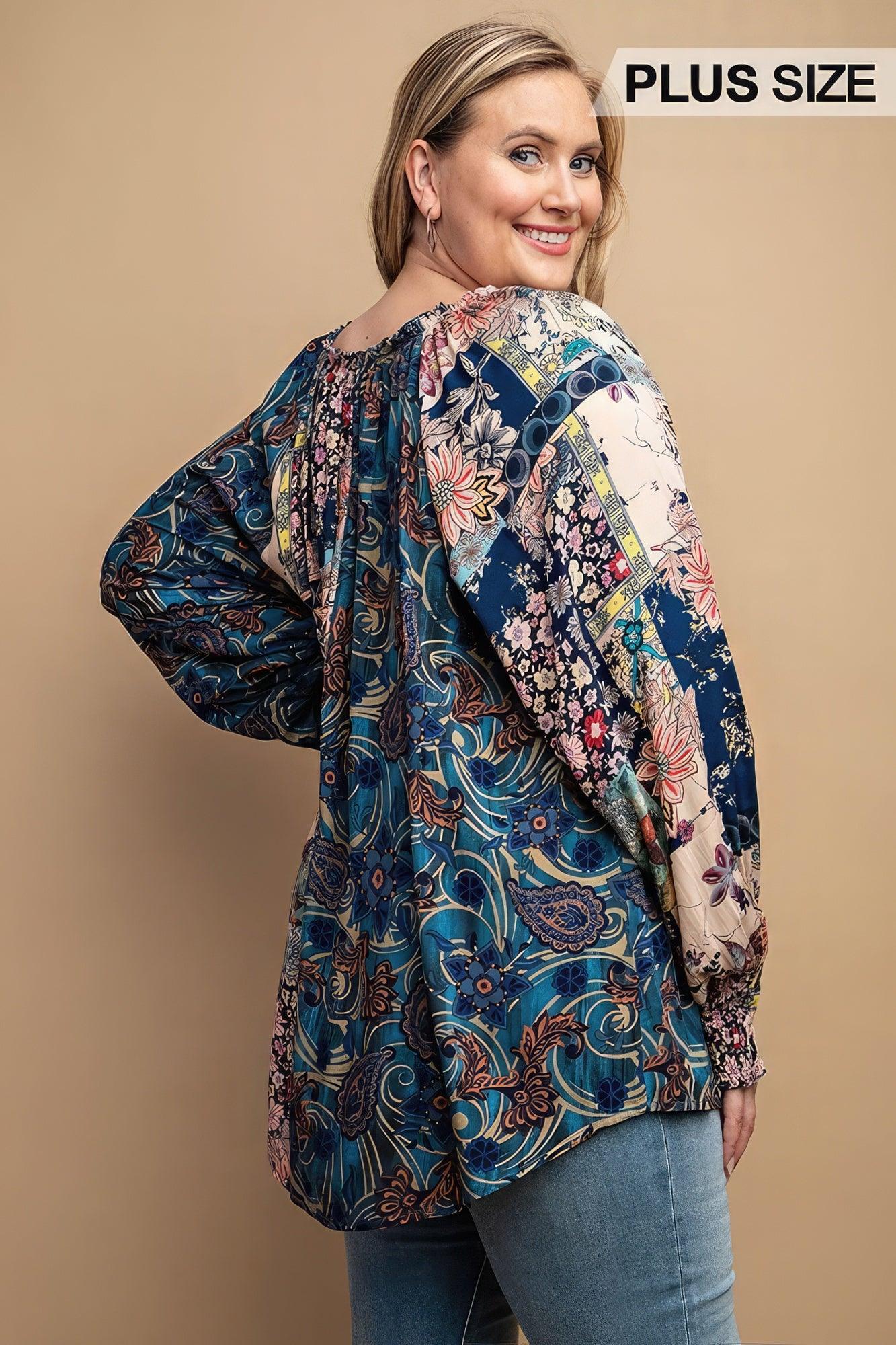 Mixed Print Front Button Long Sleeve Top - Leur Beau Monde Boutique