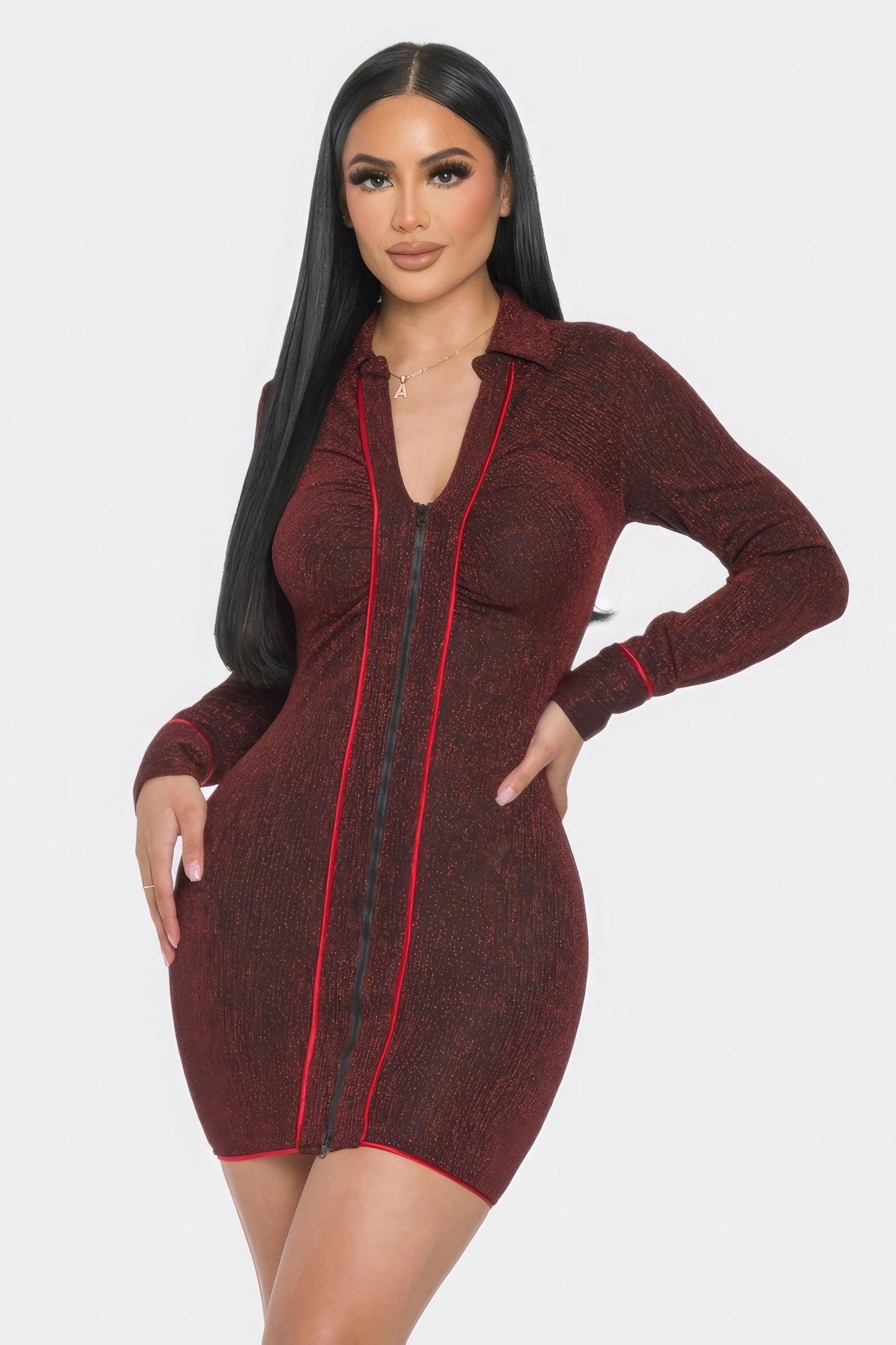 Mock Neck Long Sleeve Mini Dress - Leur Beau Monde Boutique