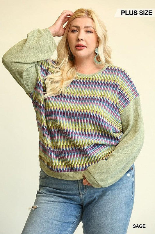 Novelty Knit And Solid Knit Mixed Loose Top With Drop Down Shoulder - Leur Beau Monde Boutique