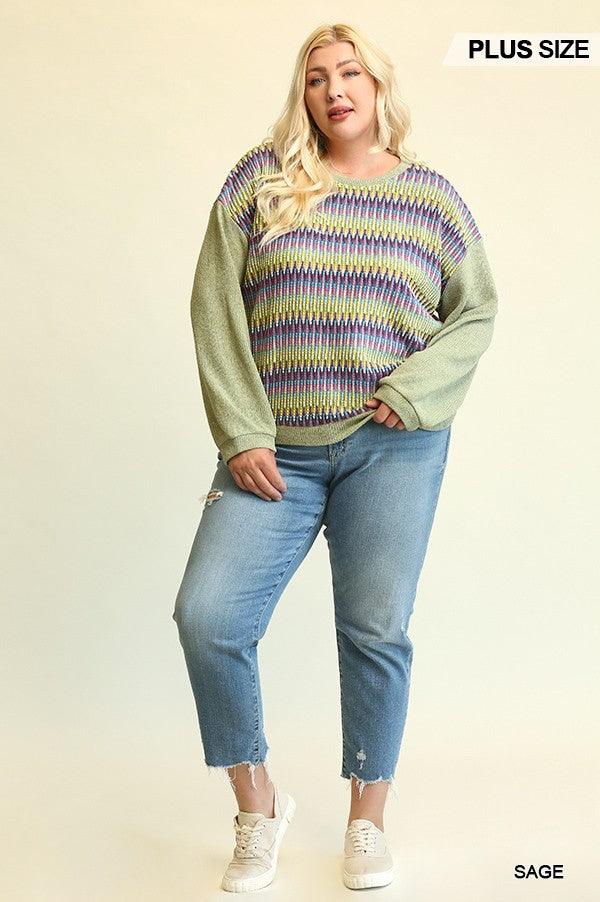 Novelty Knit And Solid Knit Mixed Loose Top With Drop Down Shoulder - Leur Beau Monde Boutique